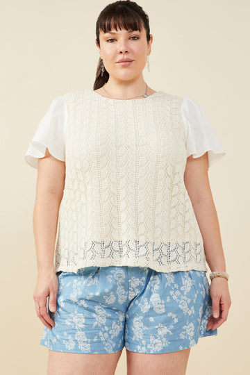 HY9412W Taupe Plus Mix Media Patterned Knit Top Front